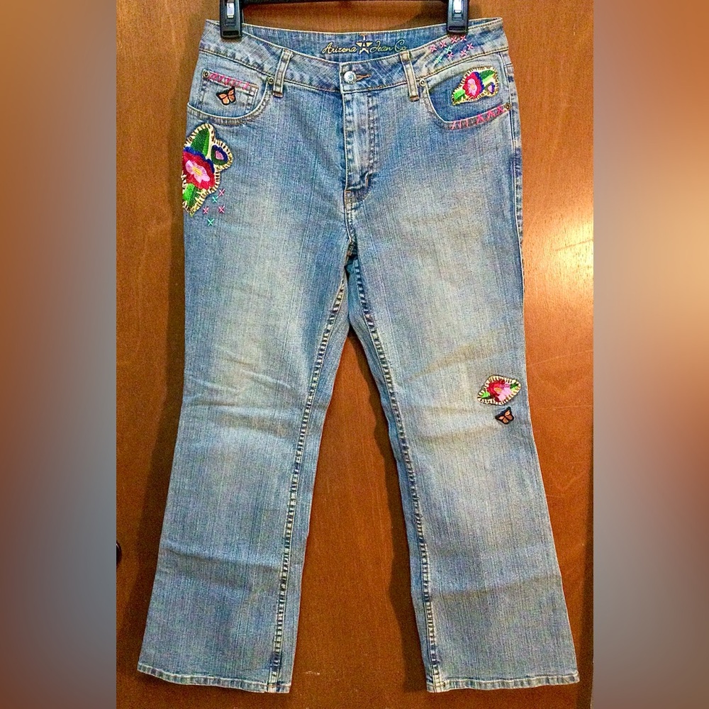 Vintage Arizona Jeans Girls Blue Denim Flare Embroidered Flowers 🌺 12-1/2 PLUS
